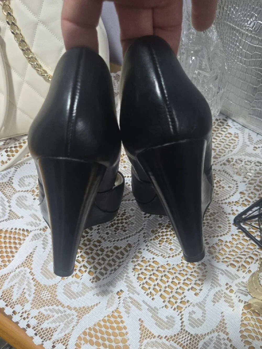 Michael Kors Black Peep-Toe Wedge with Gold MK Emblem